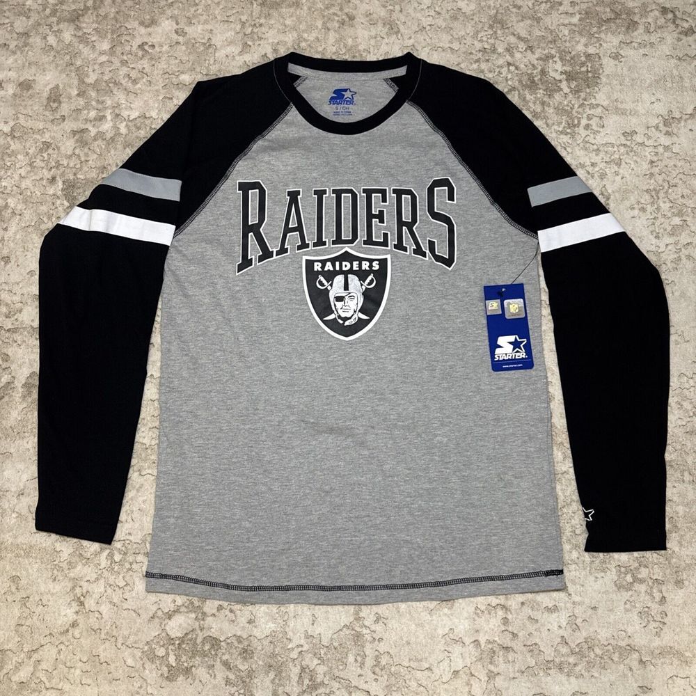 Starter Raiders Raglan T-Shirt NFL Football Long Sleeve Gray Black Size S